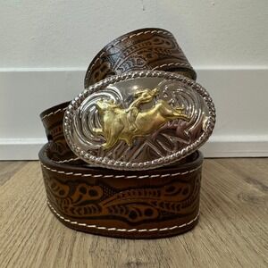 Vintage Nocona Tooled Leather Belt 26-30" Western Cowboy Rodeo Buckle Brown